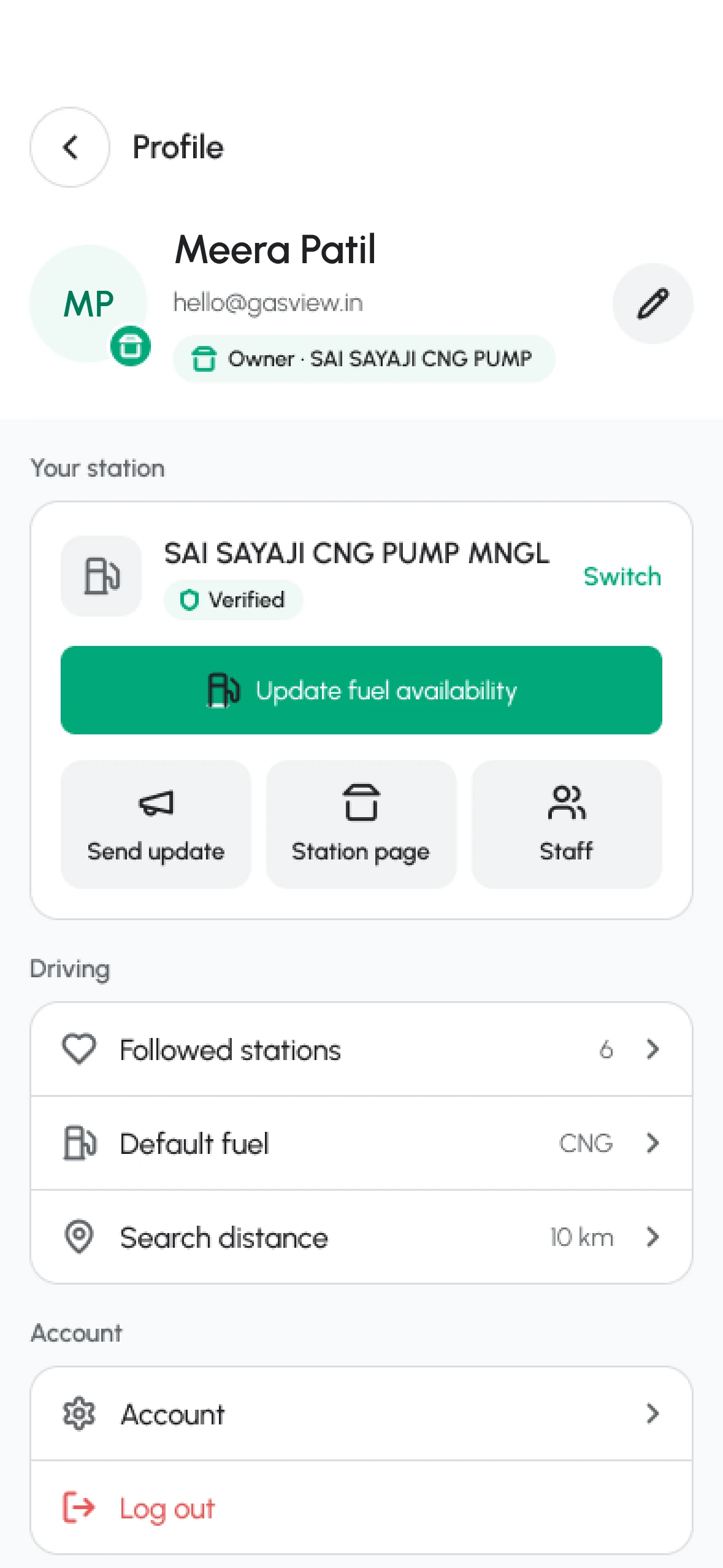 Station owner profile with Update fuel availability, Send update, Station page and Staff actions